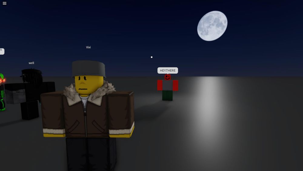 A picture of IHazAFaceLULZ and JX1DX1 together in Catalog Avatar Creator. JX1DX1 is in the back saying 'HEY.THERE' while FaceLULZ is terrified, looking away. 