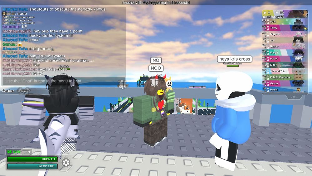 A screenshot from a Roblox game called 'Something Evil Will Happen'

My avatar of Kris from Deltarune with a shoulder Flowey is saying 'NO' 'NOO' 

I am looking at a Sans avatar saying 'heya kris cross'