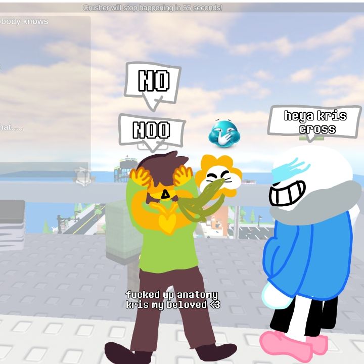 A drawn version over the screenshot. Kris' anatomy and perspective is fucked up and they're doing an exaggerated shock expression. The shoulder Flowey is containing laughter. Sans has a blue eye. 