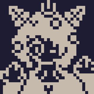 1-bit pixel art drawing of a woman with cybernetic enhancements and paws. Has mouse cursor ears and a reboot symbol on her head.