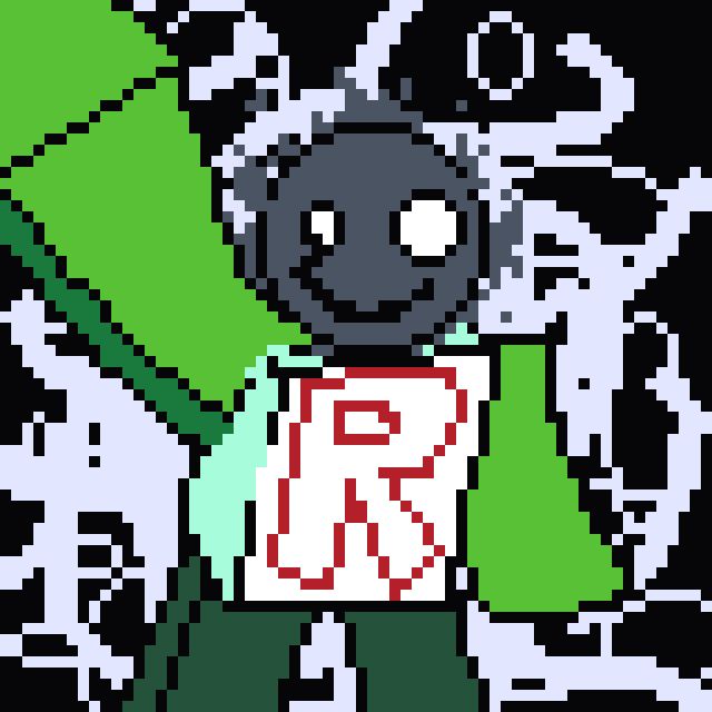 The old 'Spirit' account from Roblox with a spirally background. Spirit has a black flaming head with white eyes and a black mouth, lime green arms, one holding the camera, a white torso with the 2015 Roblox logo, and dark green legs.