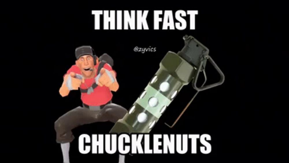 a cartoon of a man holding a grenade with the words think fast chucklenuts on it