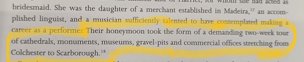 Text reads: "Their honeymoon took the form of a demanding two-week tour of cathedrals, monuments, museums, gravel-pits, and commercial offices stretching from Colchester to Scarborough."
