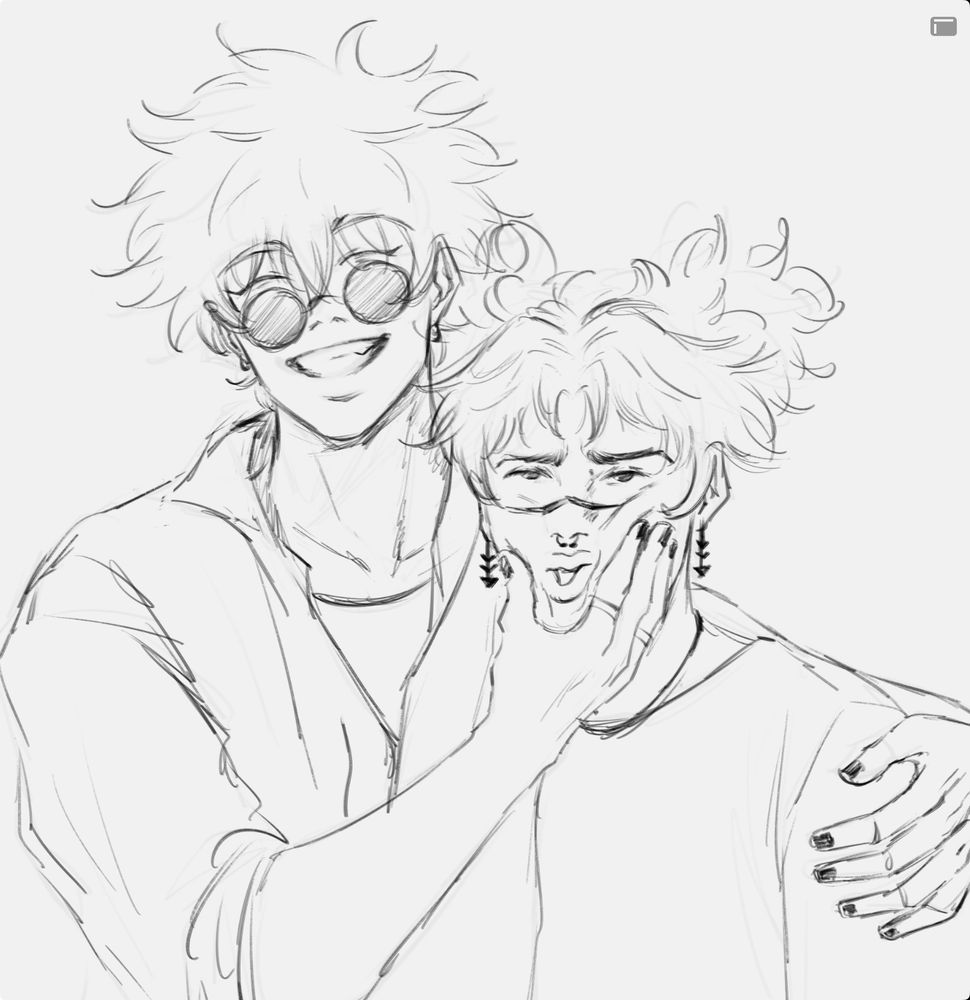 Sketch of Gojo Satoru and Choso from Jujutsu Kaisen. Gojo is smiling and squishing Choso’s cheeks together.
