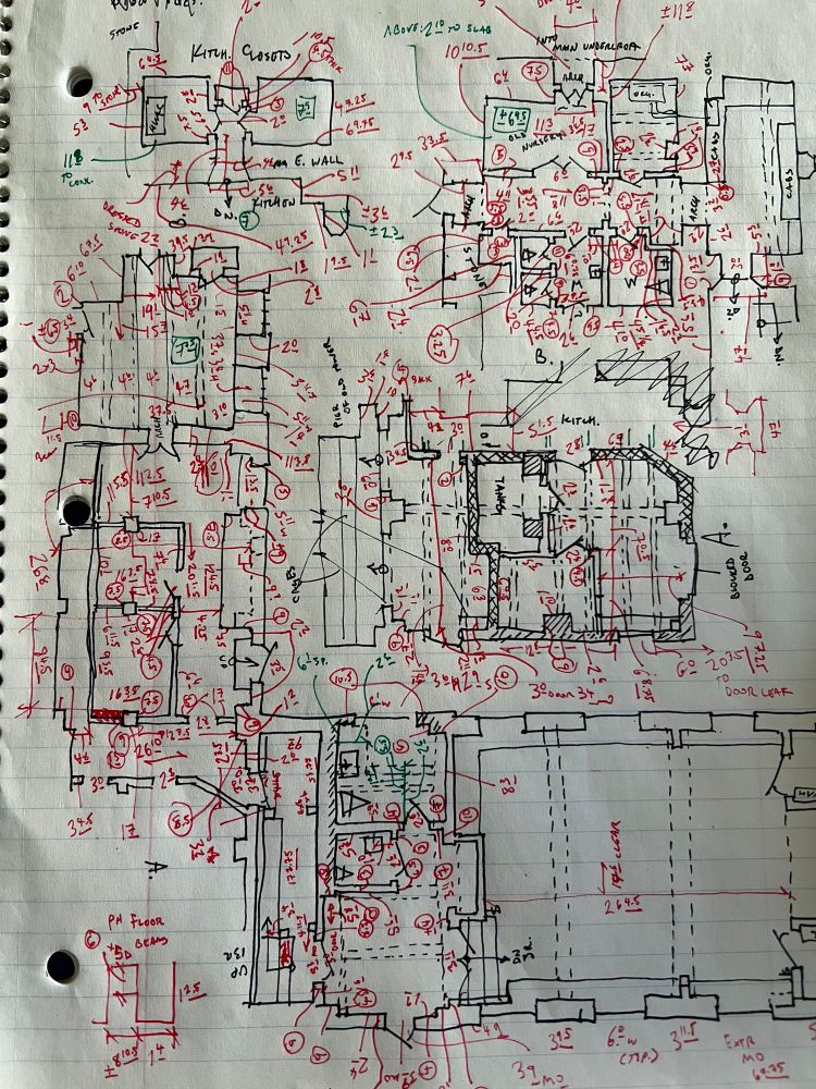 Exploded field survey notes of an L-shaped structure, with two components thereof broken off into separate vignettes, and one in turn subdivided into two.
