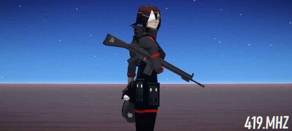 SIGNALIS fanart of Elster's Gestalt, with her bandaged right eye. She is standing on an open sandy plain on Vineta carrying a rifle and holding a helmet in her other hand, which has a lily painted on the side.