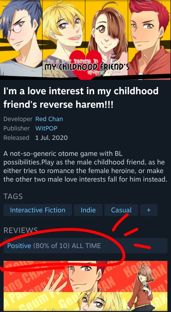 Steam page for I'm a love interest in my childhood friend's reverse harem!!! With a positive rating of 80% 