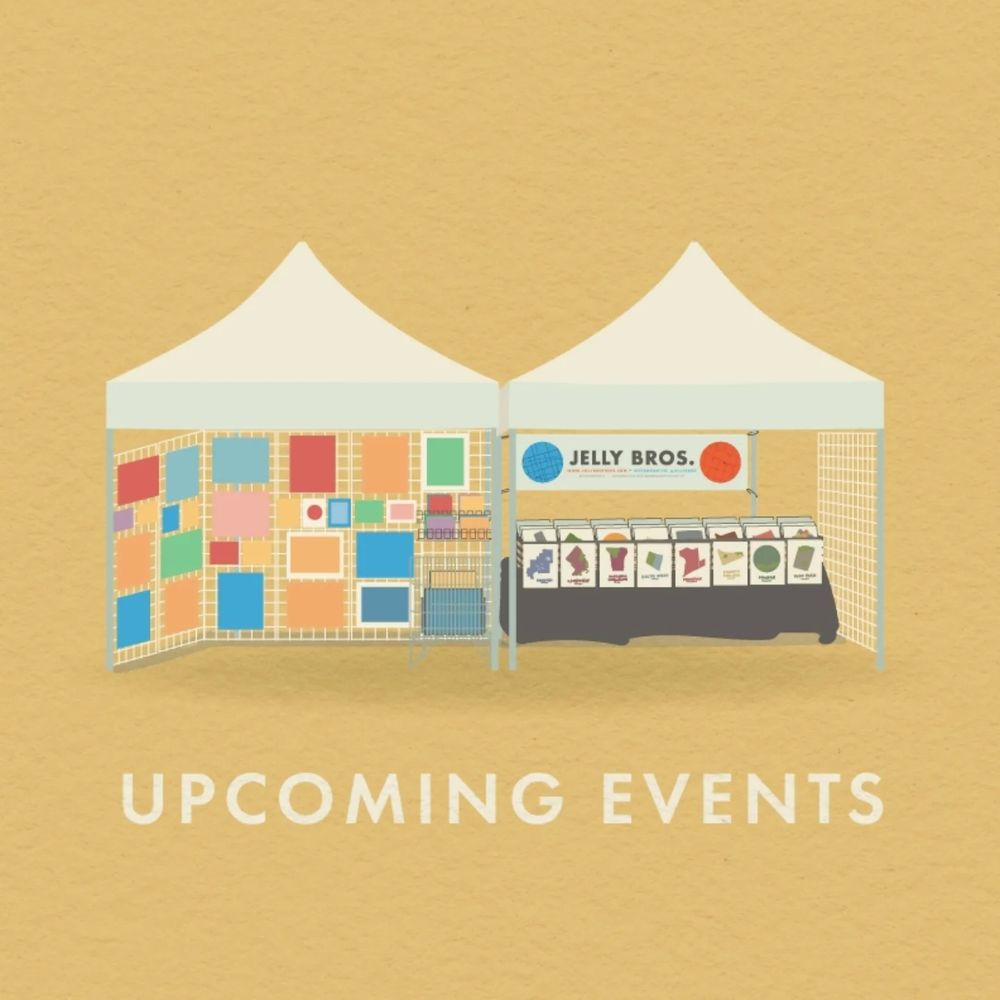An illustration of two Jelly Brothers tents, our typical set-up at a large festival. A title reads "UPCOMING EVENTS"