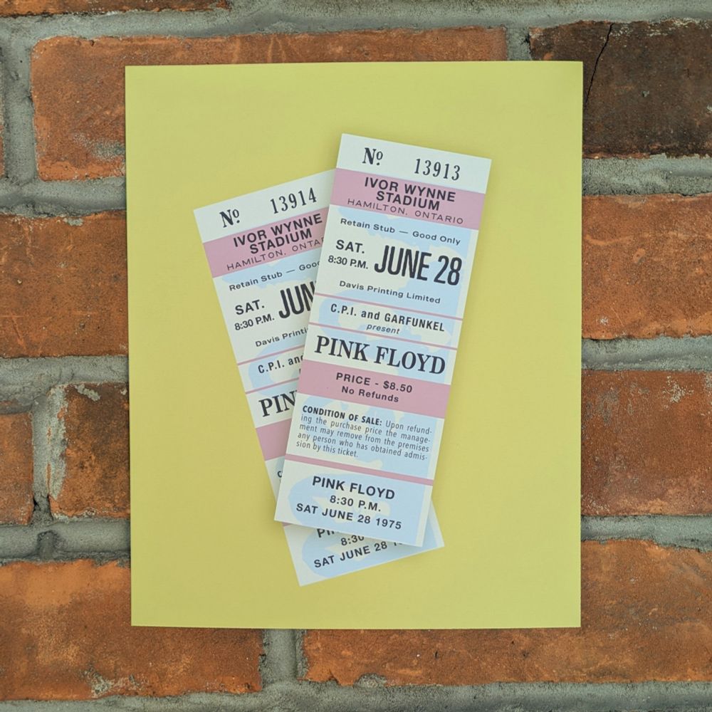 A print by the Jelly Bros of two tickets to the Pink Floyd concert held at Ivor Wynne Stadium on June 28th, 1975 in Hamilton. 