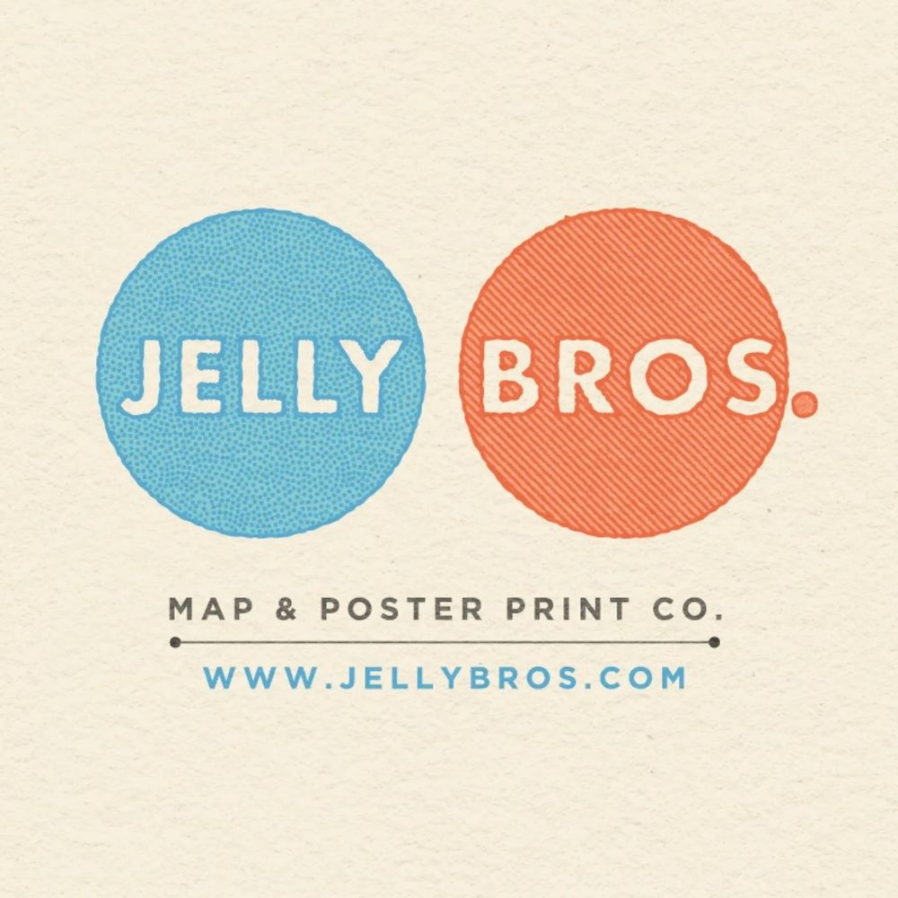 Our logo that says JELLY BROS. and a tagline that says Map & Poster Print Co. Website: www.jellybros.com