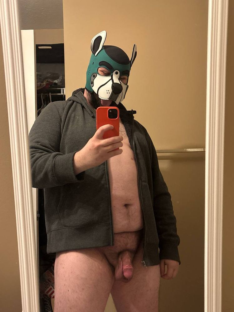 Teegan wearing nothing but his pup hood and a dark grey hoodie. their soft cock and balls hang deliciously between his legs, and their tongue pokes out as if to tease you 😝
