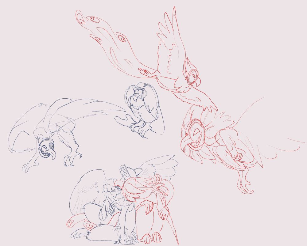several sketches of Moon and Sun harpys, one of social preening, Moon asleep on a branch as Sun flies overhead, and a quick diagram of how the harpys fold up their bodies to give themselves a more aerodynamic, bird like silhouette. The harpys cannot transform, only fold.