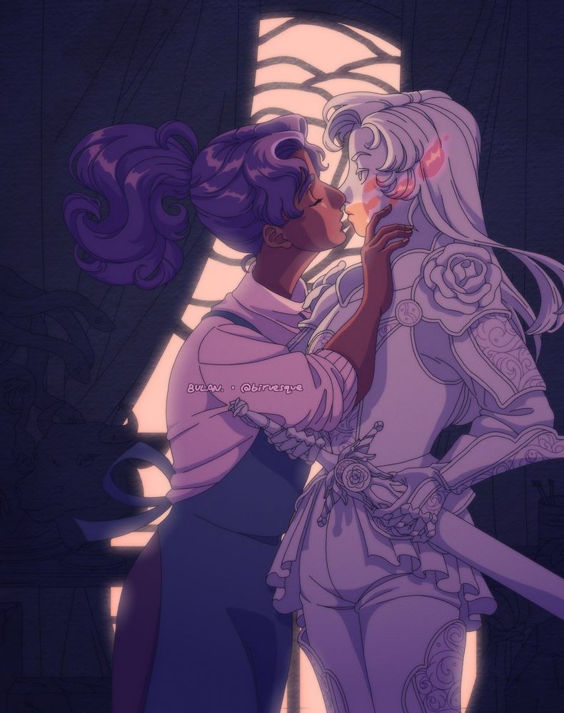Digital painting of Utena and Anthy from Revolutionary Girl Utena inspired by the myth of Pygmalion and Galatea. Utena, drawn as an armored sculpture, is coming to life as Anthy kisses her. The scene is set in a dimly lit sculptor's atelier.