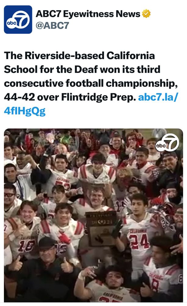 A copy of a post from Twitter announcing the third championship with a photo of football players from the California School for the Deaf in Riverside, California. 