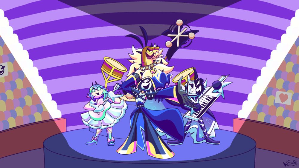 A rock band of four members. The first is a ghostly singer wearing a bluish-navy hood, robe and coat, as well as blue spiky shoulder pads of a darker shade. The back of his hood waves in the wind like a ghost's lower body. He is standing in the front singing into a microphone held above his head by his right hand, while his left hand sticks outwards. The second member is a demon popstar playing guitar. They have small, black horns above their head. They have multi-coloured hair and are wearing popstar attire, with pearlescent gloves and dress. They are wearing knee-high boots that resemble fish scales with their colours and design. There are pink bows atop each boot. They are standing to the left of the singer. The third band member is a demon with a white TV head, half of which is consumed by a black virus, amplifying his dominant facial expression. There are horns atop his head, with the one on the corrupted side being significantly longer. He is holding a white keytar while his purple-ish-black cloak sways in the wind. They are standing to the right of the singer.
The last band member is a large brown bug demon playing the drums in the back of the band. They are spinning one drumstick in their right hand and playing one of the drums with the other. They have tufts of fur all around their neck as well as a spiky collar. There are spikes coming out of both the fur and head of the demon. They are facing to the right, but looking at the camera, with their mouth open wide.
The band is playing for a large crowd present in both the left and right of the background. There are two spotlights coming from both the top left and top right shining directly on the band as they play.