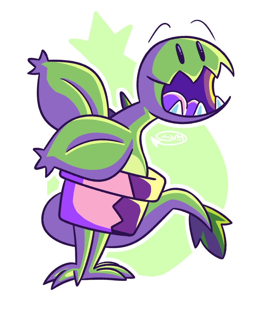 A green dragon resembling a venus fly trap with a plant pot around his waist, leaf arms and tail looks to the right with his mouth open wide. He is presenting something off-frame to the left.
