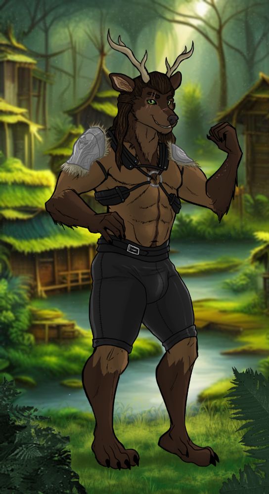 A d&d character of mine named Aamus, he is a 7ft tall Elk-wolf hybrid anthro barbarian