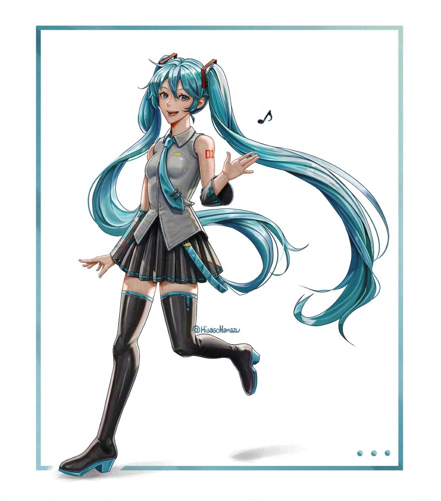 	Rendered in a shiny anime style, Hatsune Miku sports her classic outfit as she skips by, waving to the viewer. A musical note emits from her hand as she does so.