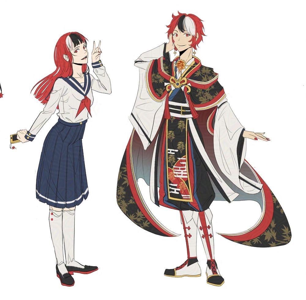 A teenage girl, Nao, and boy, Suou, stand posing together on a white backdrop.

First, Nao! Her blunt-cut red hair reaches her back, and her hime-cut bangs are three-toned: white, black, and the aforesaid red. She wears a white sailor top, with a navy blue collar and cuffs. Adorning the “V” of the collar, is a red bow. Her knee-length pleated skirt is also navy blue, and she sports long white socks with black flats.

Angled at a slight ¾ view, Nao stands leaning a bit forward, with her ankles together and toes apart. She glances directly at the viewer,  smiling with peppy flair. Her right hand is raised by her face, forming an animal hand sign, as her left arm slants downward, in a cute pose. Grasped in her left hand, is a yellow iphone with a maple leaf charm.

Next, Suou!–who is inspired by the mobile game Puzzles and Dragons! His short red hair is layered and feathery; similar to Nao, his bangs are red, black and white. His lavish outfit is a traditional Japanese garment. It features a white kimono, with long draping sleeves. Atop it, is a black sleeveless overlay. On the waist, a white obi sash is tied. Double black belts with gold buckles adorn the obi. Hanging from the obi sash, is a rectangular, knee-length banner of black fabric; it is patterned with white clouds, gold trees, and red arches. His hakama pants poof as they tuck into knee-high white boots. Resting on Suou’s shoulders, is a grand, multi-layered shawl; reaching mid-calf, its long cape billows out around him. The shawl is black, with red trim and a pattern of gold maple leaves; it’s secured at the center of his chest via large gold brooches.

Suou poses with his left hand held to his face, resting on his cheek, and his right flared down beside him. His eyes address the viewer with confidence, as he sports a refined, elegant smile.