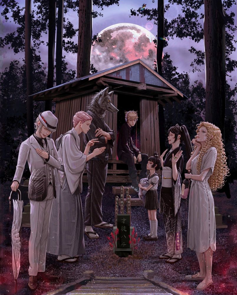 Backdropped by a rising full moon, and trees that tower out of frame, is an old Japanese shrine. Viewed at a ¾ angle, the planked exterior is unadorned, and the triangular tin roof, rusted with age. At the image center, is the shrine entrance, itself a black void home to an eerie red glow.

Before the shrine, lies a gravestone made of black granite. Patches of red knotweed grow on either side of the stone, and behind it, four slender stupa tablets.

On the left foreground, is a young man with white hair, fedora, and suit decorated with crane motifs. In one hand, he holds a closed umbrella like a cane. The umbrella appears feathery; its handle shaped like an arched crane neck. His other hand rests across his chest, as his head bends down a tad—as if bowing slightly to beckon the viewer. 

Across from him, is a woman with curly golden hair and vitiligo. She wears a hospital gown, and holds a glass wine bottle. Her expression is contemplative; a tear streams down her face as she gazes up, past the viewer, her chin supported by one hand.

Beside her, is another young woman with black twin tails and kimono. As if in denial, she enthusiastically lifts up both hands, arms bent at the elbow. Her playful, spirited smile is at odds with the scene’s solemn nature.

Signing to her from across the way, is a pink-haired young man wearing a white kimono and grey, striped hakama. His expression is serious—frustrated with her attitude.  

Past them, is a tall man wearing the mask of a wolf and striped, black kimono. Agitated, he stands with arms crossed. 

Across from him, a young girl stands looking bored. She wears a black and white school uniform and cradles a sunfish plush.

Finally, in the center back of the image, and sat in the shrine entrance, is a blonde teenage boy wearing a black dress shirt and pants. Atop his golden hair, are white headphones with a red cord. Staring directly at the viewer, with a calm, sullen expression, it appears he might be the specter of the grave.