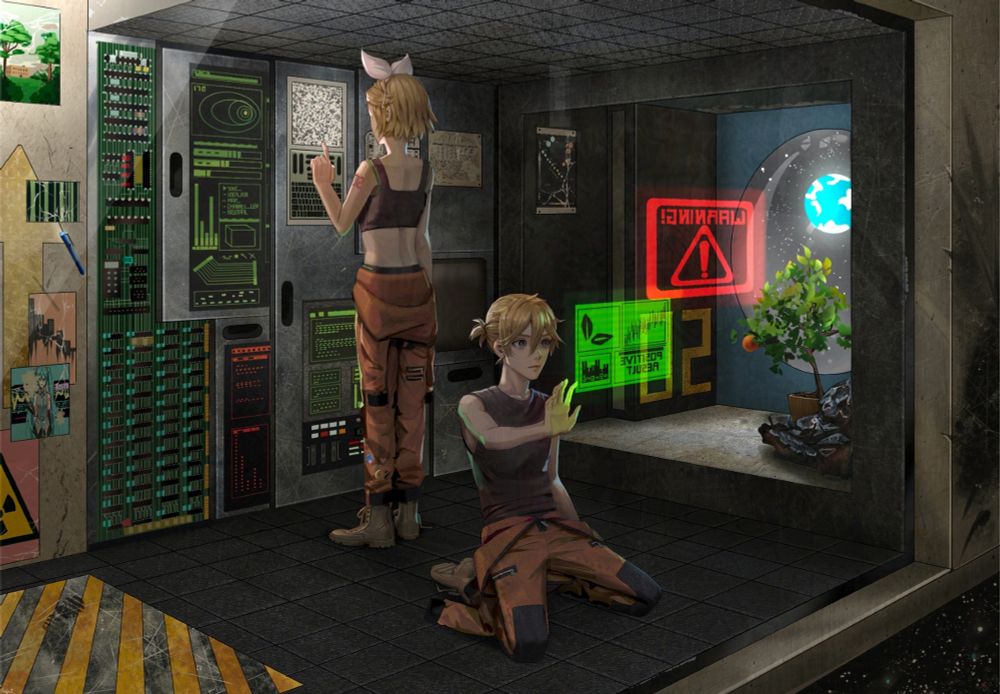 Viewed through the glass panel wall of a metal spaceship, are Rin and Len!

Sitting on his knees at ¾ view, Len faces the glass, which doubles as a touchscreen. He wears a brown sleeveless t-shirt, and slim orange astronaut pants with black knee patches and zipper pockets. His orange jacket of the same style is tied around his waist; on his feet, are tan combat boots. The glass touchscreen, which separates him from the cosmic expanse outside, features two rectangular graphics: one green with two plant leaves that says “positive result,” and a red one with a warning sign. Len taps the lower left corner of the green graphic with his left arm reached out before him. As if in a trance, his eyes lock onto its digital green glow; expression stoic.

Behind him, is Rin! Seen from behind at ¾ view, she stands, focused and diligent, before a control panel wall. The scratched steel panels of the wall are alive with an array of analogue-style tech—blinking switch boards, cathode-ray tube screens, and digital diagrams that glow green with orbital charts and graphs. Rin’s left hand is raised, her pointer finger tapping a keyboard inlay. Rin dons her classic bow, a brown sports bra, and the same orange astronaut pants—hers adorned with three cute pins on the left calf. Like Len, her uniform’s jacket is tied around her waist, and she wears tan combat boots.

In the foreground, a square floor panel is marked with yellow caution stripes and scuffed with boot marks. Over it, a pen floats in zero gravity. A ceiling opening leading to the rest of the ship aligns above it. On the wall behind, is a screen with Miku pixel art.

Off the main control room, backmost in the composition, is a small alcove. The nos. 02 are painted on the wall in boxy yellow font. Placed on the floor, is a potted orange tree sapling–a single fruit hanging from its leafy branches–and a glossy cratered meteorite. Both objects are displayed before a large circular window; seen outside it, a shining blue planet.