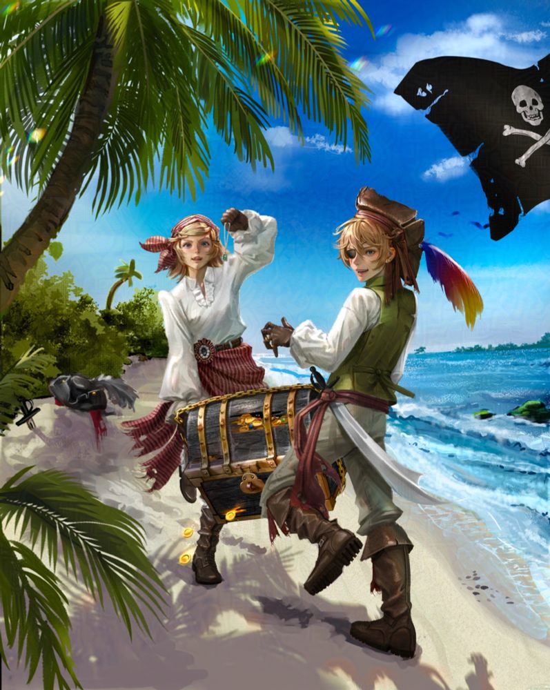 A sandy beach is framed by leafy palm trees on the left, and blue waves breaking ashore on the right. A pirate flag composed of torn black fabric flaps in the upper right corner. Standing in the center, on soft, tropical sand, are Lady Pirate Rin and Shark-Jaw Pirate Len! Both are lifting– with one hand apiece– a stolen treasure chest between them! The lid of the chest is cracked with age, revealing golden coins and shiny green gems within.

Lady Pirate Rin is rendered semi-realistically and facing forward. She holds the back end of the chest with her left hand. In her right hand, she lifts up– as if to brag– a rectangular emerald necklace. Atop her signature short blonde hair, she sports a striped red bandana. The bandana is tied into the shape of her classic bow. Her white blouse is ruffled, and has large poofy sleeves; her striped red overskirt is torn on the ends, and fastened by a brown leather belt. An oval flower brooch adorns the belt on the left side. 

Alongside Lady Pirate Rin, is her partner in crime– Shark-Jaw Pirate Len. His body is angled away from the viewer– as he moves, in a backpedal motion, to transport the chest. While doing so, he looks over his shoulder– not only to watch his path onward, but to eye the viewer directly; it is his right eye; the left is scarred and covered with an eye patch. He sports a sly smile with sharpened teeth. Atop his usual blonde hairstyle, is a brown leather pirate hat, adorned with a large, draping parrot feather. His white blouse lies under a grass green vest, and his dusky green pants are fastened by a red ribbon belt. A silver pirate’s sword– with a thick blade that widens toward the end– hangs on the belt. Both him and his sister wear brown leather boots and gloves. 

On the left side of the image, in the background, is a suspicious mound. Atop it, lies the hat of a fallen pirate and a buried sword.