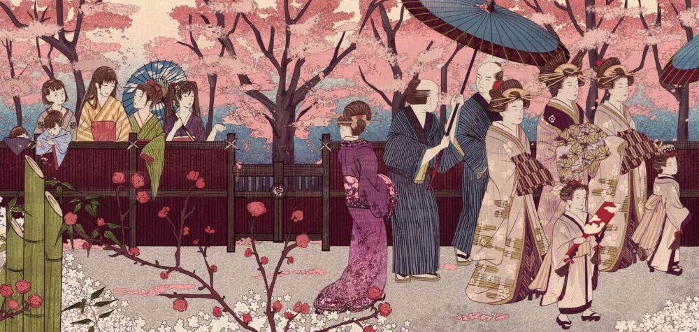 In this Japanese woodblock or ukiyo-e style illustration, fourteen figures are placed around a long wooden fence. Behind this fence, there is a garden of pink sakura, or cherry blossom trees. In front of the fence, on the right of the image, eight figures parade in an Oiran-dochu. Leading them, three oiran and two kamuro are dressed in elegant dusty pink and brown kimono. Behind them, two wakaimono, or male assistants, are dressed in simple striped blue kimono; they chat as one holds a blue umbrella above the Oiran. Trailing close behind the men, is a ban-shin, or female manager to the Oiran, dressed in a bright purple kimono. The ban-shin is looking back, over her shoulder, at a group of six girls. These girls are behind the fence, on the left of the image. They are dressed in brightly colored kimono and each have personalized hairstyles. These girls represent the oppressed true selves of the Oiran and kamuro. One girl, who is dressed purple and resembles Hatsune Miku with black hair, is the ban-shin's true self; she is beckoning the ban-shin to the other side of the fence . . . .