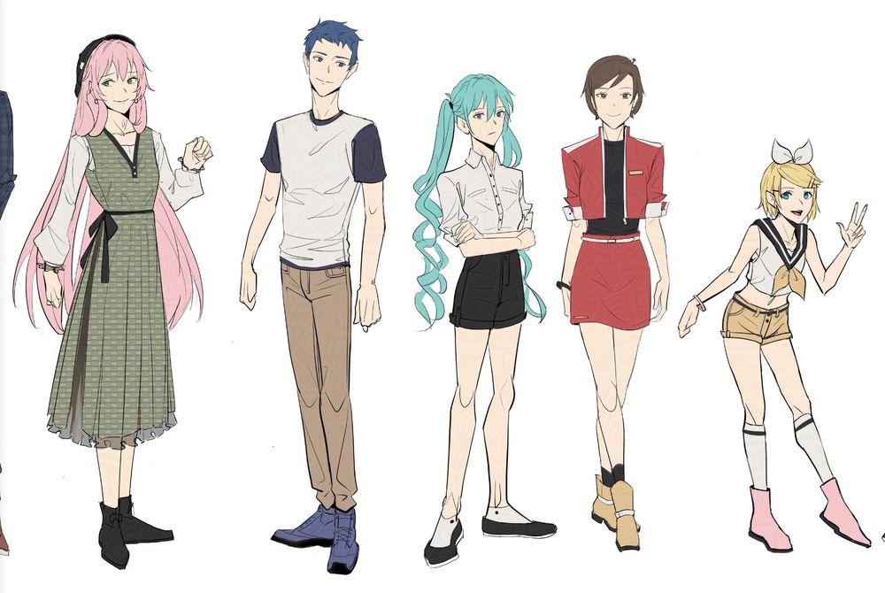 In this digital, flat color sketch, five Vocaloid characters line up on a white backdrop. 

First, Luka! With her classic long pink hair draped behind her, she is dressed in an olive green dress over a white blouse. The dress is adorned with a tasteful checker pattern, a dark green ribbon belt, and a sheer gray underskirt ruffled at the ends. Her shoes are short black boots with laces. Luka’s eyes gaze to the left, her mouth smirking slightly, as she raises her right hand in an expressive manner. 

Beside Luka, is Kaito! He has his usual short blue hair, and wears a white T-shirt with a navy blue collar and sleeves. His pants are beige and his short boots indigo blue with laces. His expression seems a tad amused, as his eyes drift toward his right, at Miku.

Miku stands at a slight ¾ view with her arms crossed and has a glum, disapproving expression, staring at the viewer. Her teal twin tails spiral in a fashionable helix shape, and reach her mid-thigh. She sports a button-up, white blouse that has a collar and rolled up sleeves; high-waisted black shorts; and black flats with white ped socks; the socks have a stylish black dot on the ankle. 

Next up is Meiko. The short-haired brunette stands facing the viewer, with a runway-esque strut and confident smile. She wears a short, elbow-length red jacket over a sleeveless slim-fit black shirt. The jacket has a white zipper and cuffs. Her red mini skirt is fastened by a thin white belt. She wears short, muted yellow boots, with black crew socks. 

Finally, at the end, Rin bends into a spirited pose: her right leg perks forward as she holds up her right hand, making the peace sign. Looking directly at the viewer–with an open smile–Rin wears her classic hair bow and sailor top, with yellow shorts, pink ankle boots, and knee-high white socks.