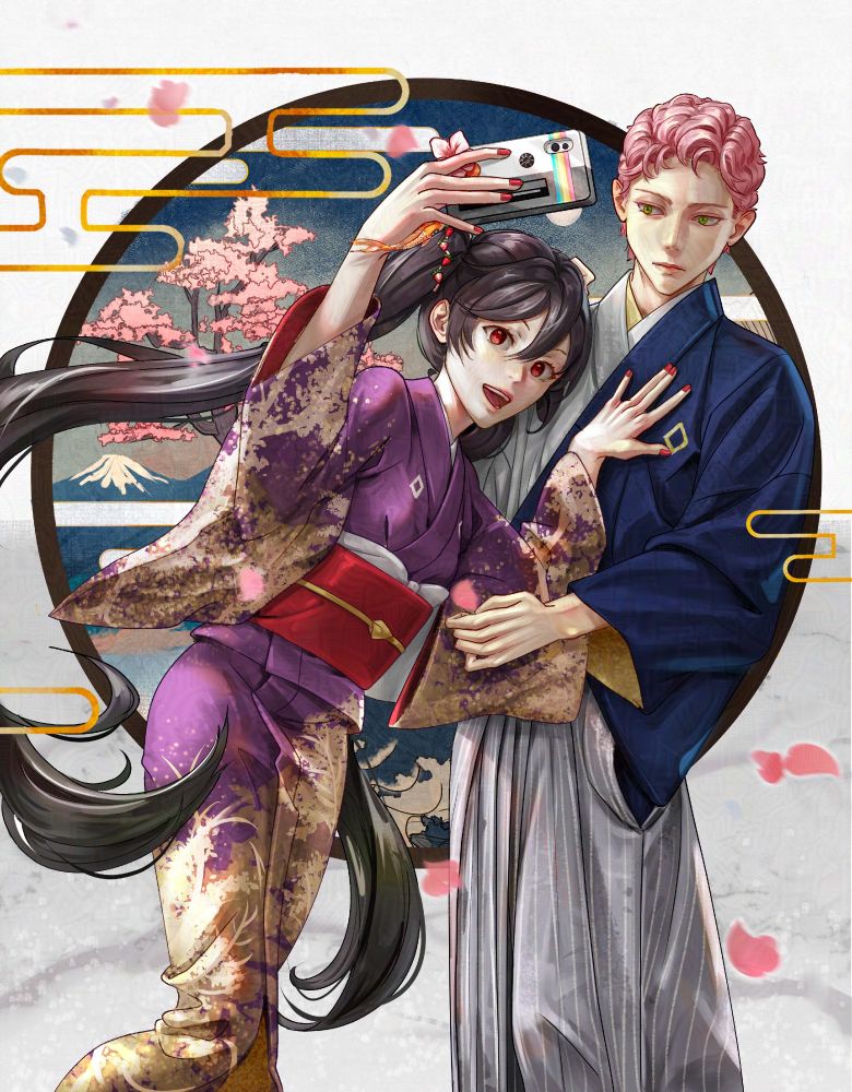 Miku—sporting black hair tied into twin tails and a bright purple and gold kimono—holds an iPhone with a Polaroid camera case in her right hand. She enthusiastically takes a picture with Vy2, leaning onto him with her left hand. Vy2 is wearing a grey hakama with a navy blue kimono; his expression is calm and unamused. There is a circular sakura woodblock print in the back drop, and fluttering sakura petals in the foreground. 