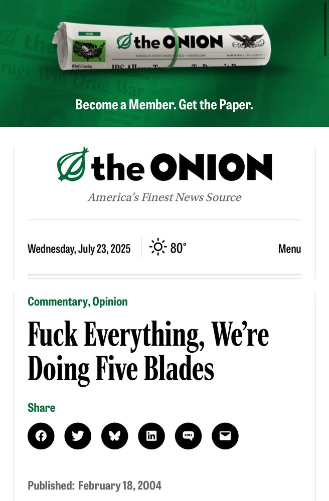 The picture is a headline from the satirical newspaper, the Onion, that reads “Fuck everything, we’re doing five blades” which was initially poking fun at the escalation of razor blade technology, but is very apropos for the Marvel Cinematic Universe Blade situation.  Mahershala Ali, Wesley Snipes, still need three more Blades…