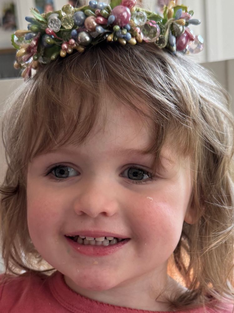 A picture of a young girl with a floral crown, sitting at the breakfast table in her jammies, a smile on her face.  Reminded me of Florence Pugh at the end of Midsommar