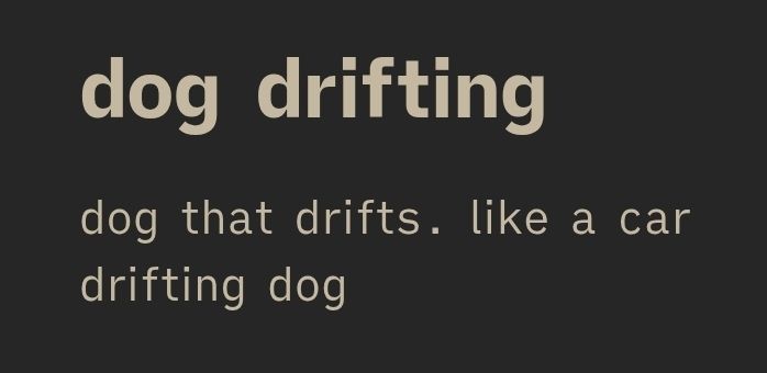 idea that I've written down in the obsidian note taking app: dog drifting. dog that drifts. like a car. drifting dog.