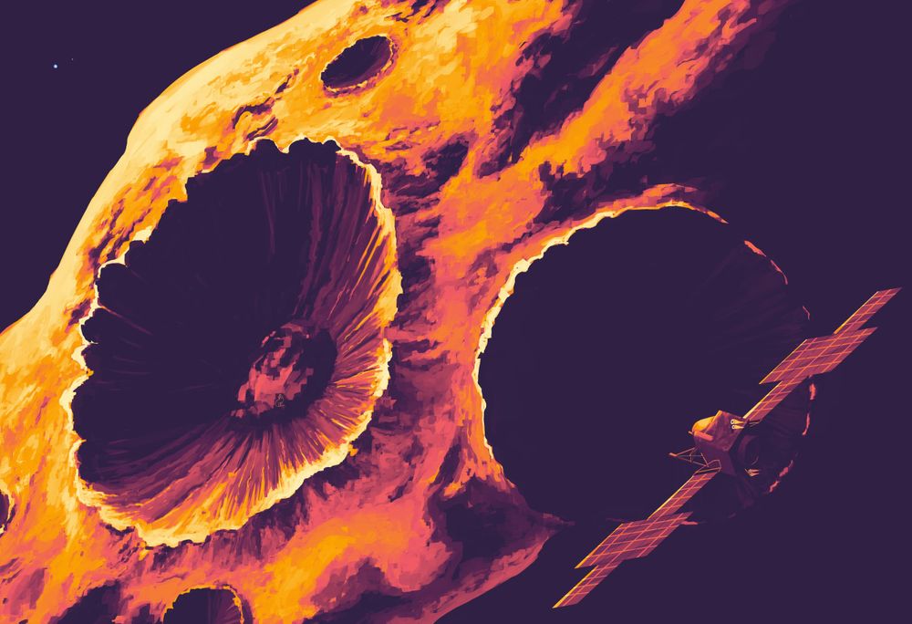 A view of Psyche 16 (based on renderings) with the spacecraft Psyche in the foreground. The colors are of the mission palette. The Earth and Moon, the only ones not of the color palette, can be seen as dots.