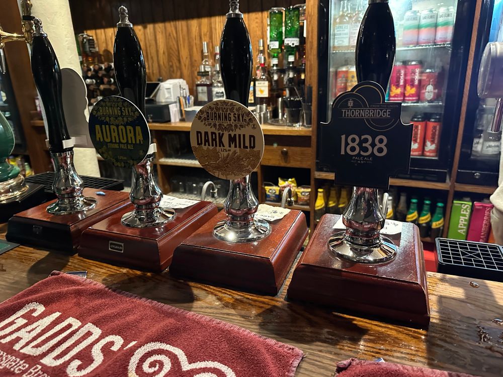 Three cask beers at the Sutton arms Thornbridge 1838, Burning Sky Dark Mild. 