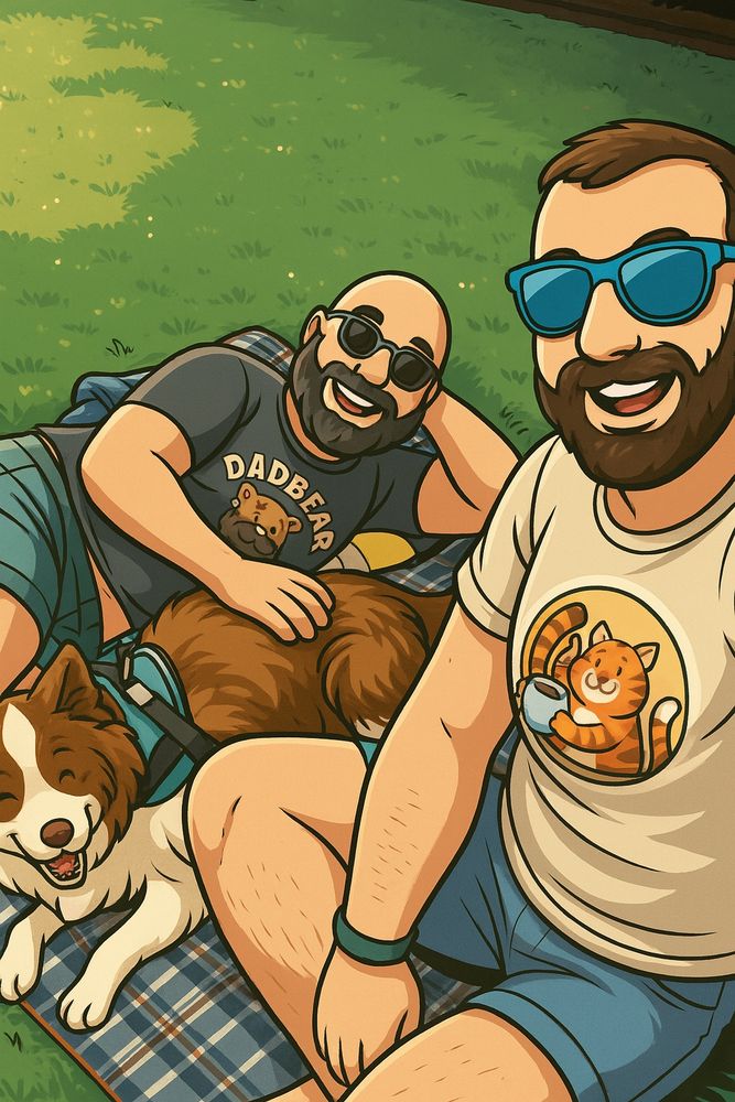 A cartoon of two men and a dog on a blue and brown flannel blanket accompanied by a smiling husky and Aussie mix dog with brown and white fur. The dog is smiling big with eyes closed. 