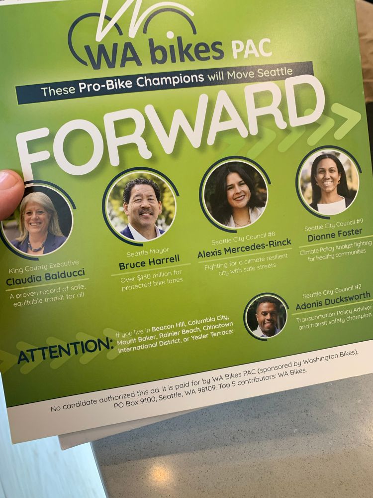 Flyer from WA Bikes Pac endorsing Claudia Balducci, Bruce Harrell, Alexis Mercedes Rinck, Dionne Foster, and Adonis Ducksworth 