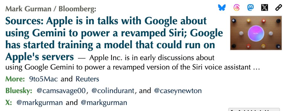 image of the Techmeme post on the rumor of Gemini powering Siri in Bloomberg citing idiot me as part of notable bluesky chatter