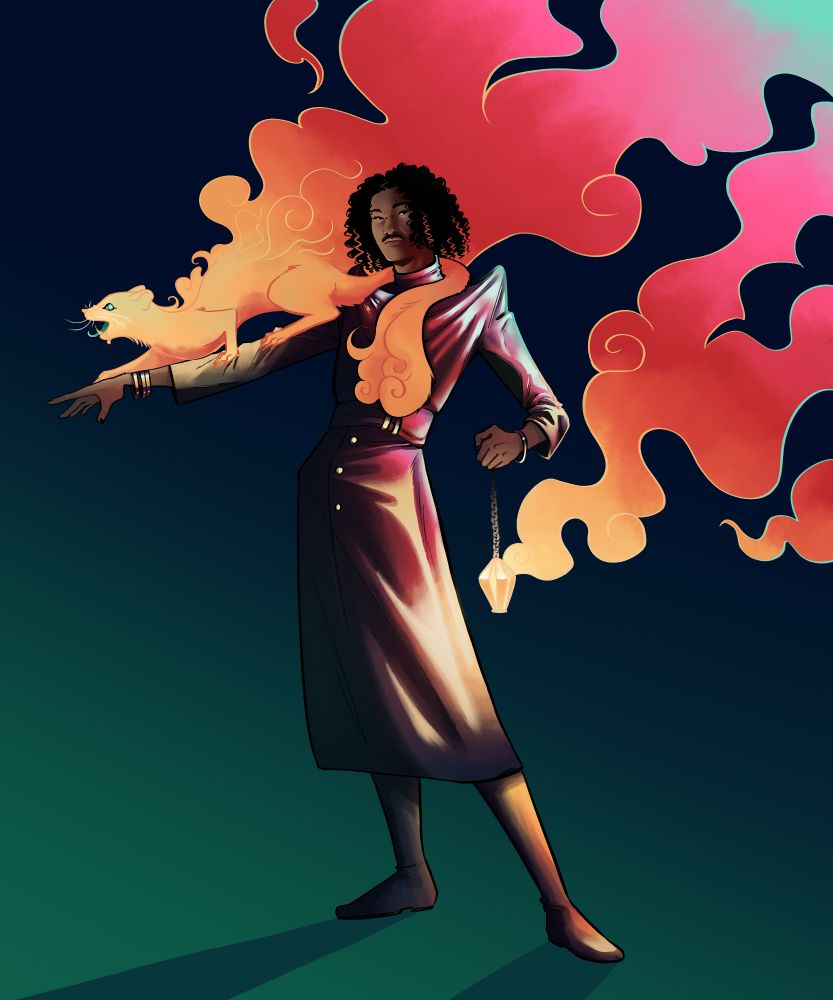 Digital Drawing of a darkskinned character with a small moustache, a latex-like black coat and a beast on his arm that emits colorful smoke