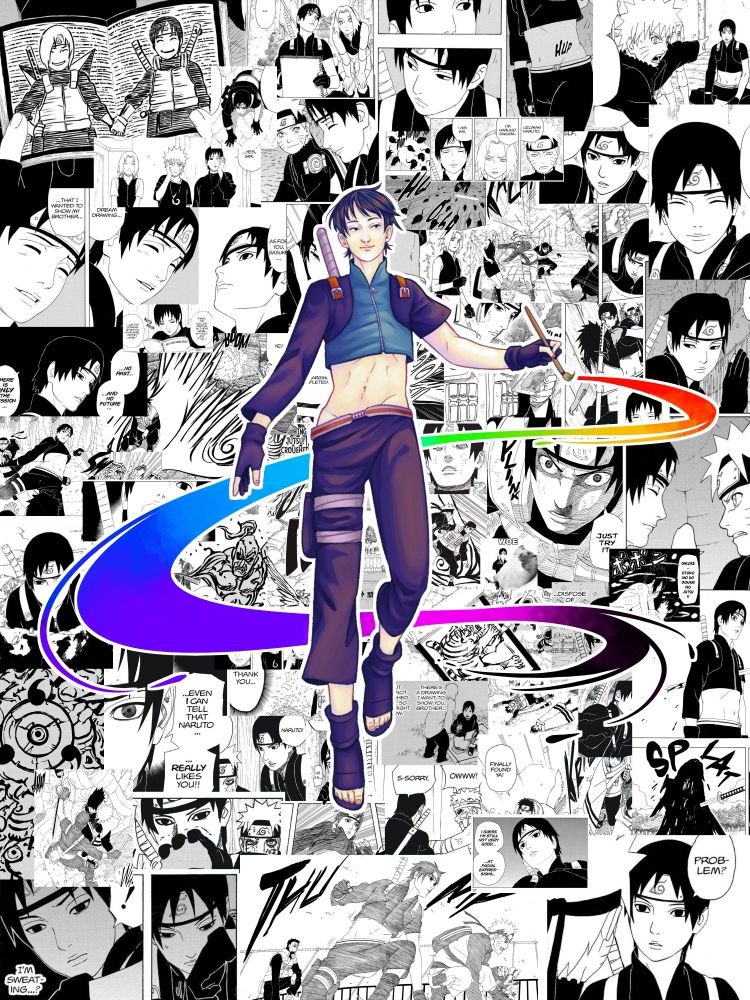Sai from Naruto, drawn with lots of colors, against a background of black and white Manga panels featuring him. He is holding a paint brush that draws a rainbow trail behind him.