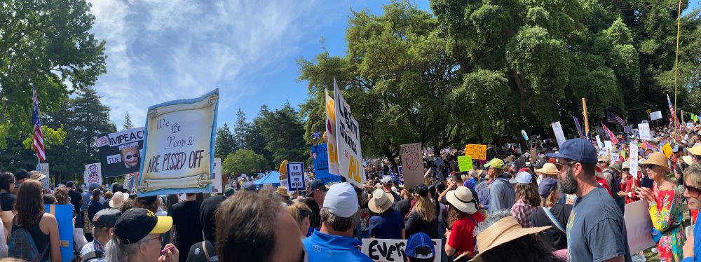 #nokings 6.14.25 great turnout-community of young and old showed up, creative signs and a peaceful gathering of folks fed up in Santa Cruz California 
