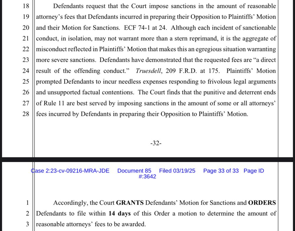 Defendants request that the Court impose sanctions in the amount of reasonable attorney's fees that Defendants incurred in preparing their Opposition to Plaintiffs' Motion and their Motion for Sanctions. ECF 74-1 at 24. Although each incident of sanctionable conduct, in isolation, may not warrant more than a stern reprimand, it is the aggregate of misconduct reflected in Plaintiffs' Motion that makes this an egregious situation warranting more severe sanctions. Defendants have demonstrated that the requested fees are "a direct result of the offending conduct." Truesdell, 209 F.R.D. at 175. Plaintiffs' Motion prompted Defendants to incur needless expenses responding to frivolous legal arguments and unsupported factual contentions. The Court finds that the punitive and deterrent ends of Rule 11 are best served by imposing sanctions in the amount of some or all attorneys' fees incurred by Defendants in preparing their Opposition to Plaintiffs' Motion.

Accordingly, the Court GRANTS Defendants' Motion for Sanctions and ORDERS
Defendants to file within 14 days of this Order a motion to determine the amount of reasonable attorneys' fees to be awarded.