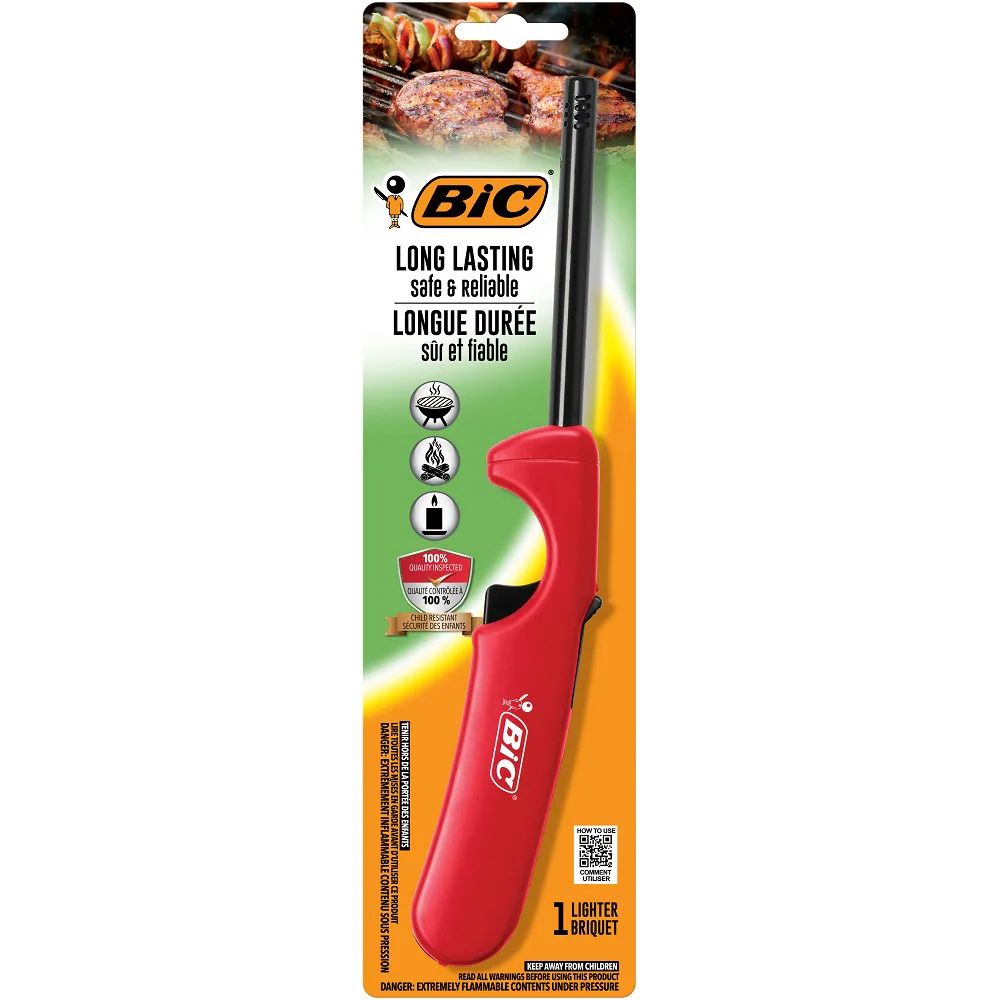 a red Bic fireplace/grill lighter in its packaging 