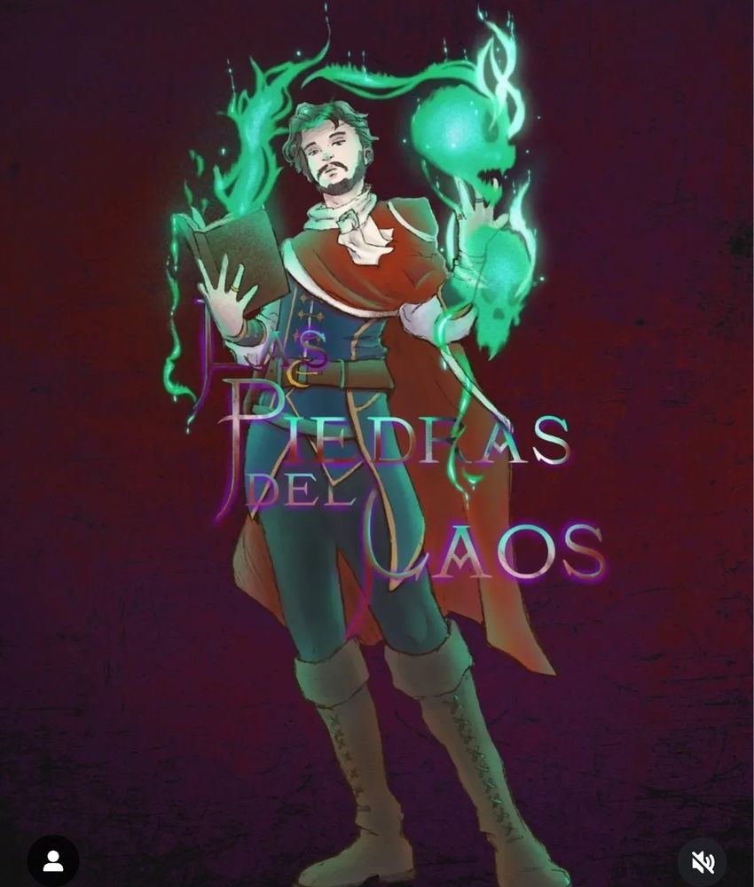 Manfred envuelto en un haz de magia verde. Lleva un libro abierto en la mano.