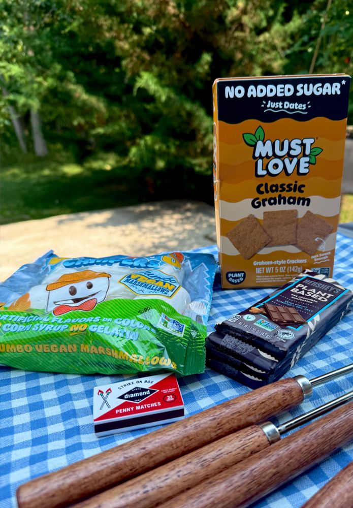 - Dandies Jumbo Campers Vegan Marshmallows

- Must Love plant-based Graham Style Crackers

- Hershey's Plant Based Almond & Sea Salt Oat Chocolate Candy

- matchbox and skewers
