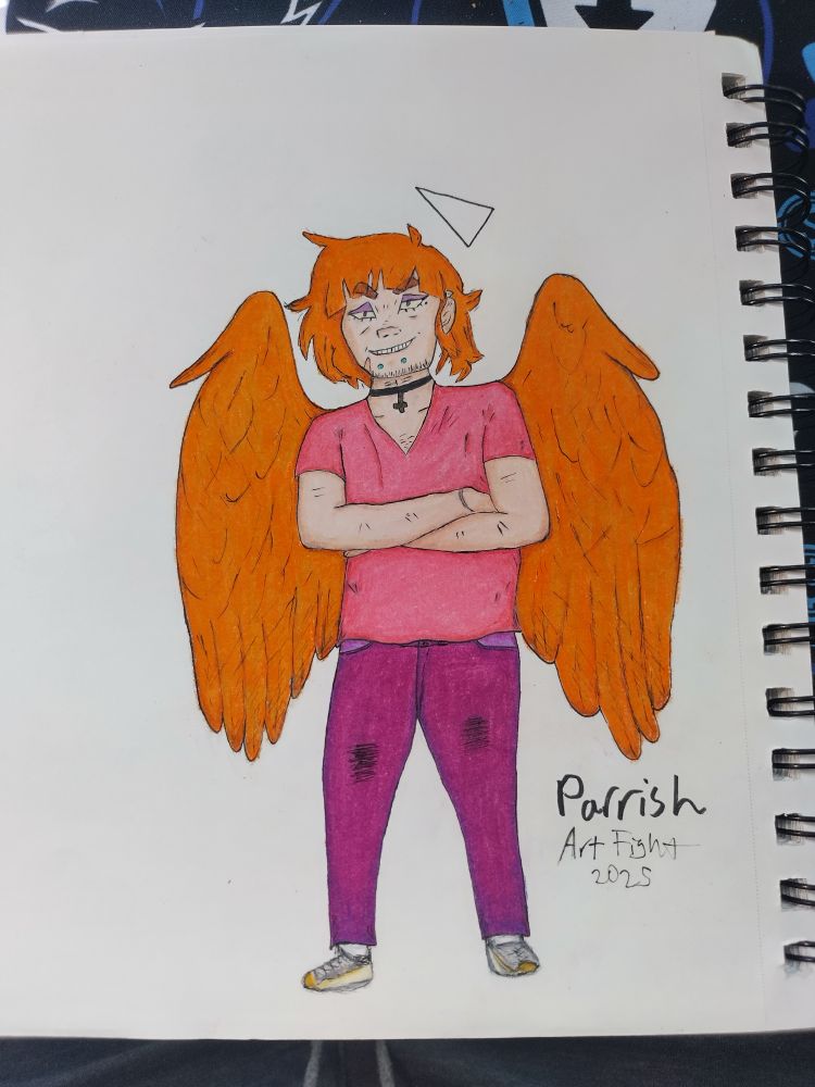 This is Parrish, an angel character from Kirozanagi. They're more like a punk angel. They've got a triangle halo, orange wings and wearing a choker, pink shirt, and purple pants. 