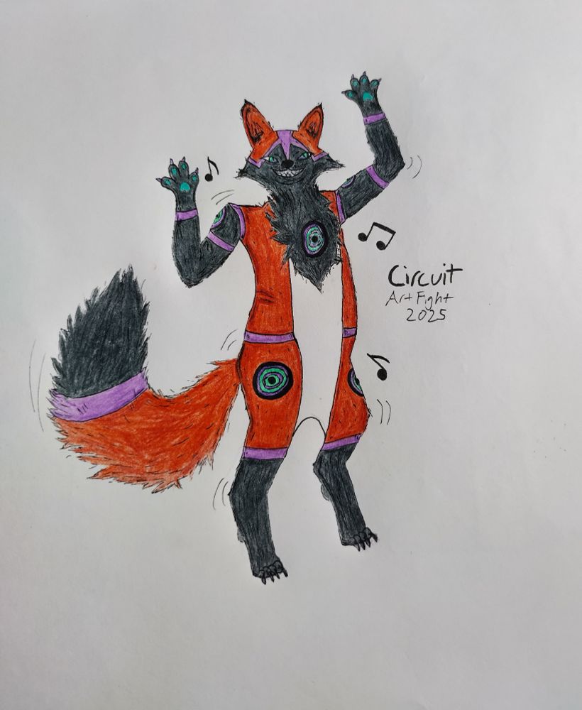 Drawing of a character from the owner, GloweySnake. Their character's name is Circuit. They are a stuffed fox that was brought to life and fitted with a bunch of speakers so they could assist around an engineer's workshop. 

I drew them using colored pencils and pens. Tried to give them some dancy movement to show them rocking out to some tunes. 