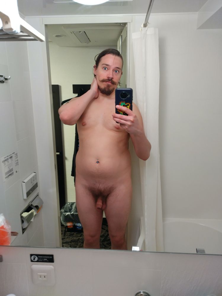 Finally in my hotel room, absolutely exhausted. Took a nude pic in the tiny bathroom and promptly headed to bed. 