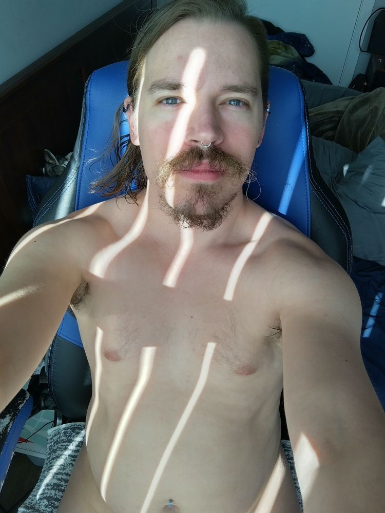 A pic of myself nude but I've tastefully covered the naughty bits. I'm sitting at my desk as the afternoon sun peers through my blinds. 