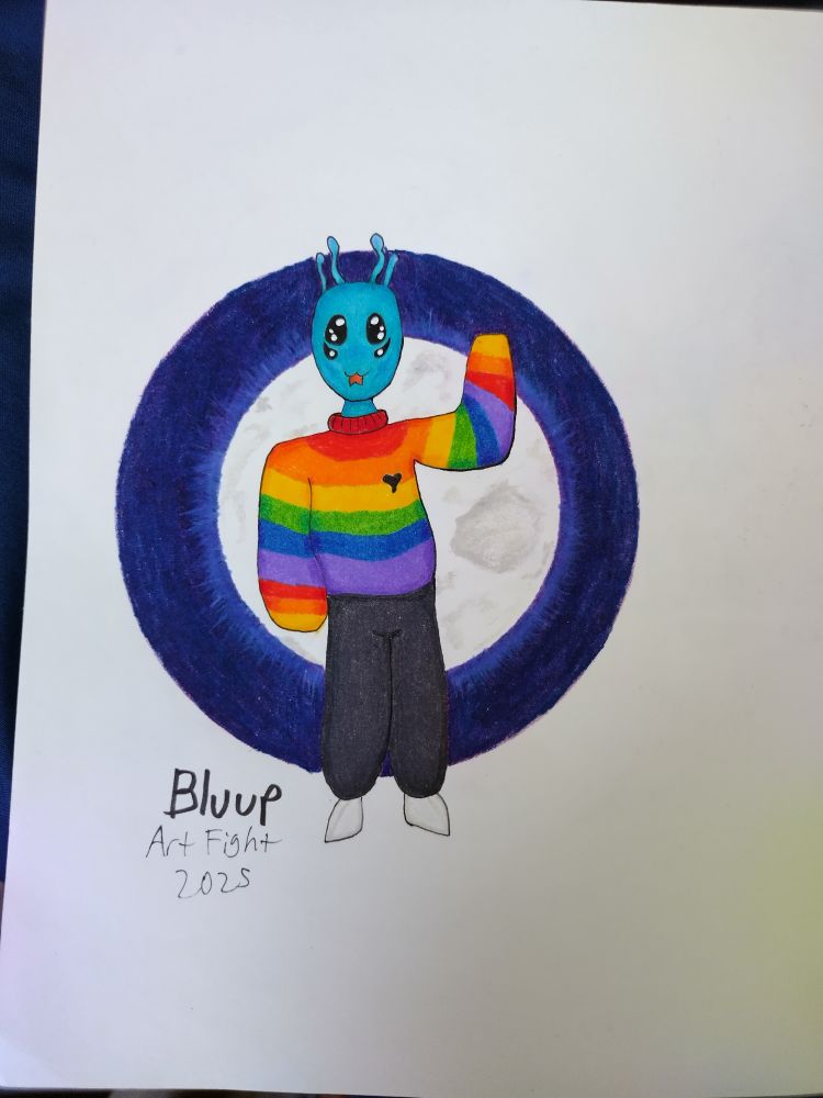 This is Bluup an alien character from the artist SimplyExisting. They are a blue alien wearing a rainbow sweater and dark pants with an image of a moon behind them. 