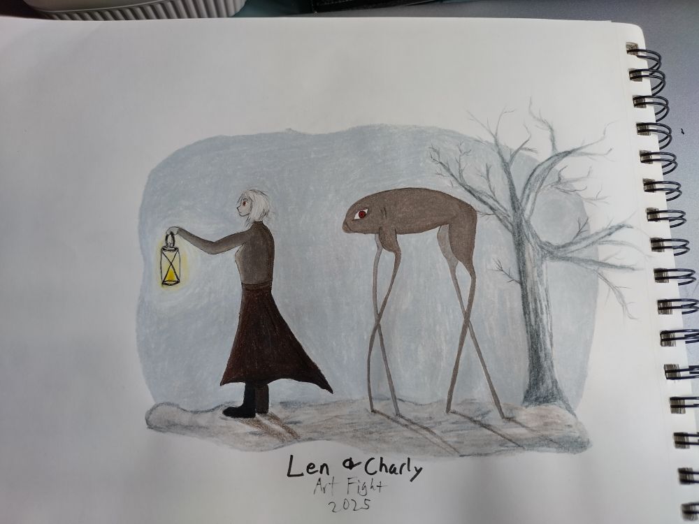 This is Len and Charly characters from Drunkard_Cow. Their ref sheet had a gray background so I wanted to incorporate that into a scene. 

Len is a human character with a long dark dress. She has white hair and paie skin and she's holding a lantern to guide her and her friend Charly. 

Charly is a grey blobby alien like creature with really long, spindly legs. 